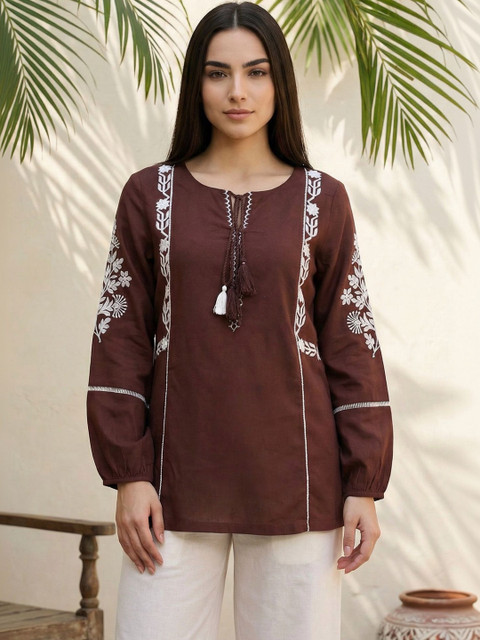 W Floral Embroidered Tie-Up Neck Ethnic Top