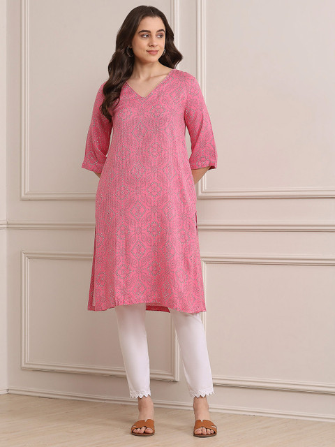 Biba V-Neck Geometric Printed A-Line Kurta - Image 6