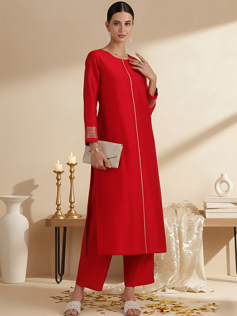 Pink Fort Women Striped A-line Kurta with Trousers