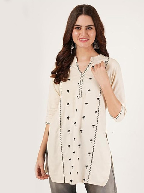 Royal Export Floral Embroidered Mandarin Collar Thread Work Cotton Kurta