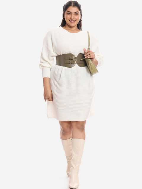 Virgio Solid Cotton Boat Neck Plus Size Mini Dress with Cuffed Sleeve