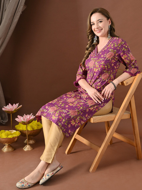 HERE&NOW Floral Printed Thread Work V-Neck Cotton Straight Kurta
