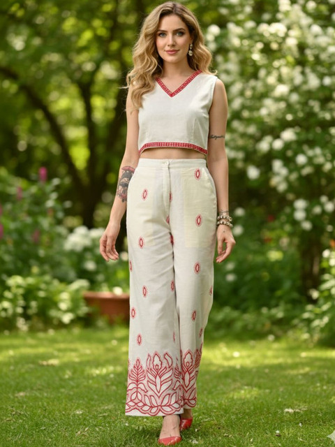 HERE&NOW Women Red Ethnic Motif Embroidered & Laced Sleeveless Top Trouser Festive
