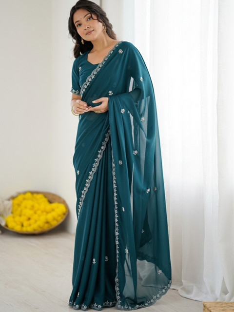 Anouk Floral Embroidered Pure Georgette Designer Saree - Image 2