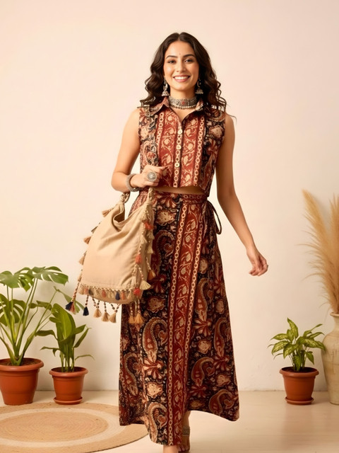 WineRed Printed Shirt Collar Shirt & Skirt Co-Ords - Image 5