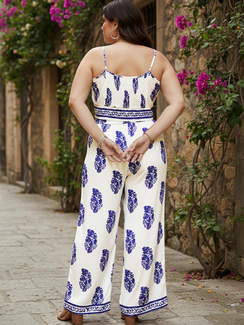 Berrylush Curve White Plus Size Floral Printed Shoulder Straps Crop Top & Trouser - Image 5