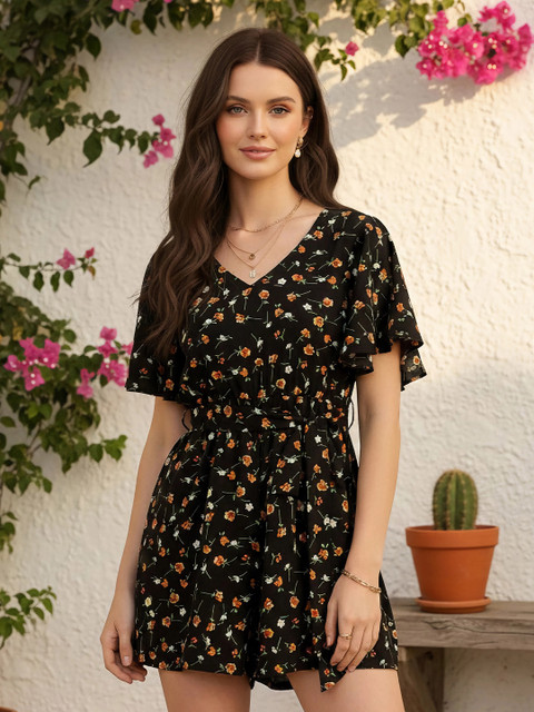 Berrylush Floral Printed V-Neck Playsuit