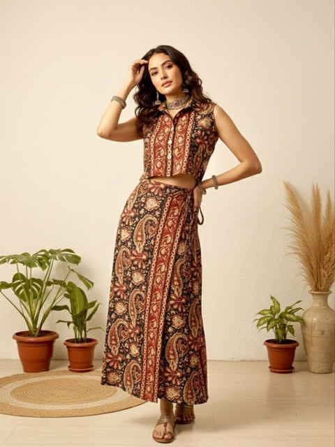 WineRed Printed Shirt Collar Shirt & Skirt Co-Ords