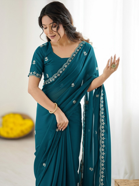 Anouk Floral Embroidered Pure Georgette Designer Saree - Image 5