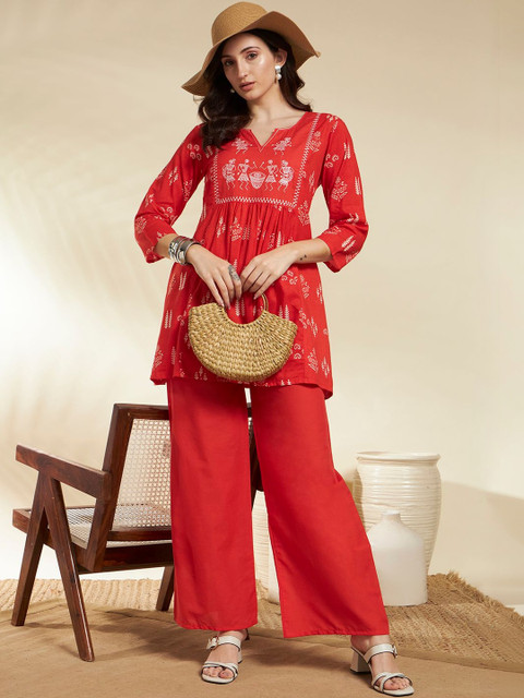 SINGNI Printed V-neck Pure Cotton Co-Ords