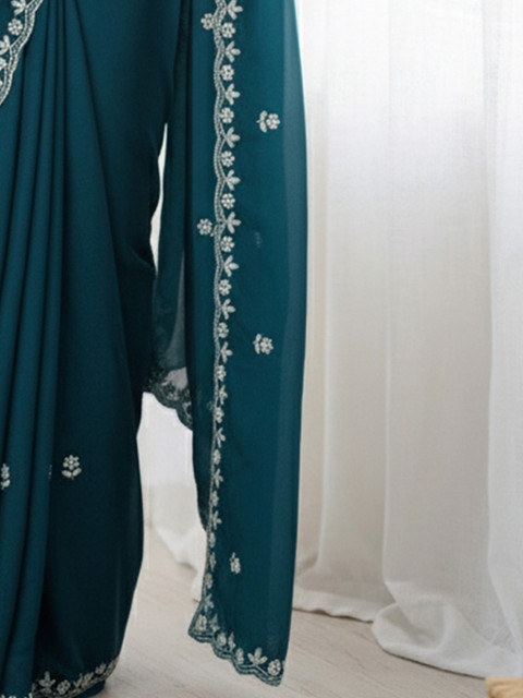 Anouk Floral Embroidered Pure Georgette Designer Saree - Image 6