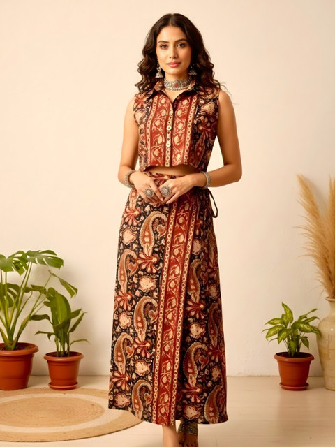 WineRed Printed Shirt Collar Shirt & Skirt Co-Ords - Image 6