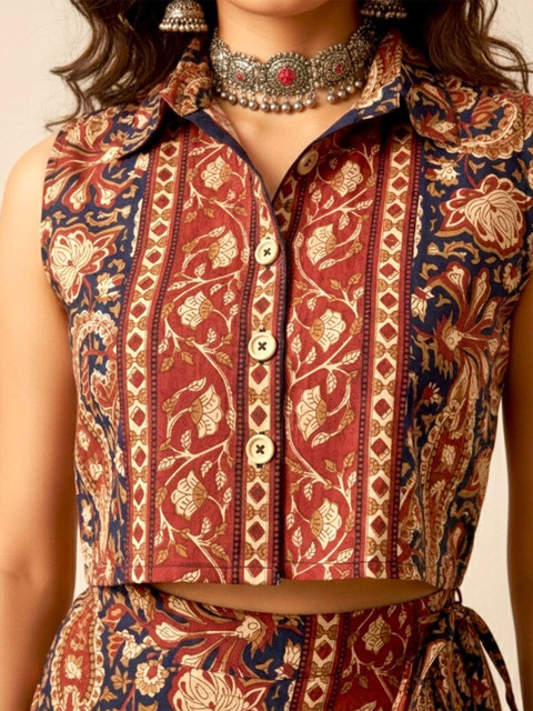 WineRed Printed Shirt Collar Shirt & Skirt Co-Ords - Image 2