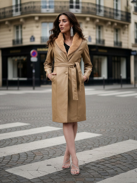 bebe PU Longline Coat With Detachable Faux Fur Collar & Belt