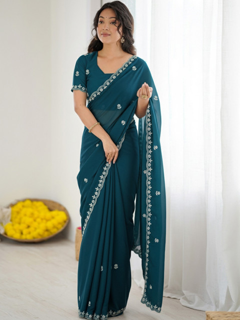Anouk Floral Embroidered Pure Georgette Designer Saree