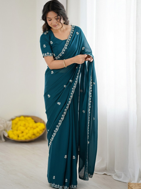 Anouk Floral Embroidered Pure Georgette Designer Saree - Image 4