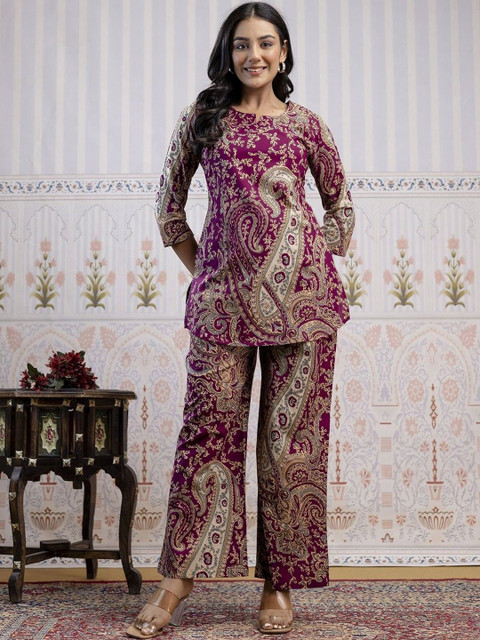 Demirner Printed Round Neck Viscose Rayon Co-Ords