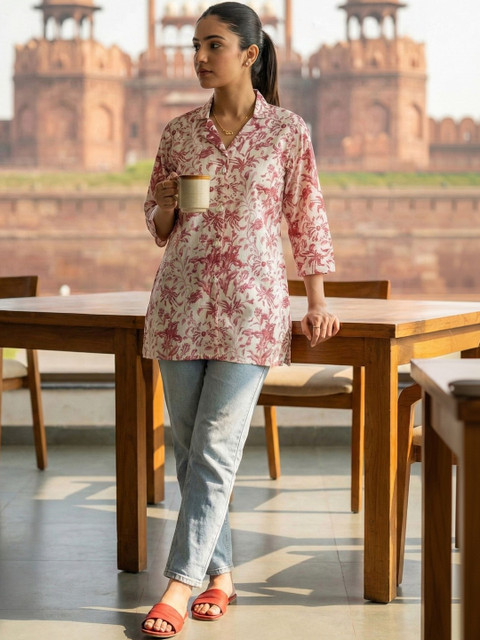 KALINI Floral Printed Shirt Collar Pure Cotton Kurti
