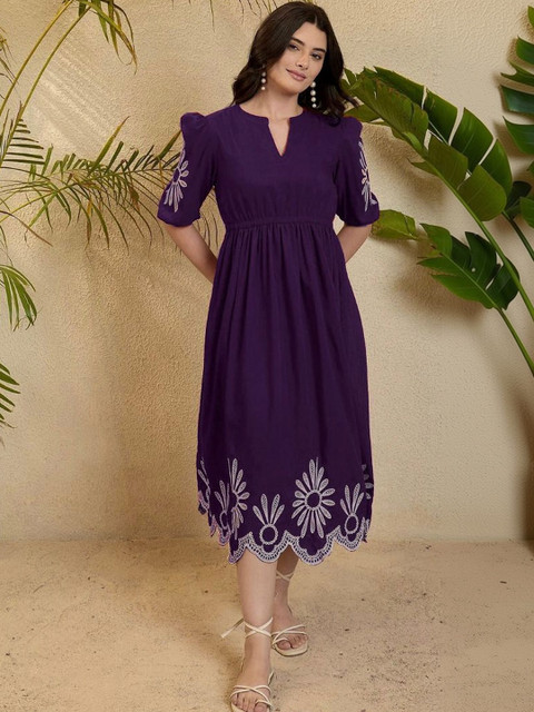 SHREE LAXMINARAYAN EXPORT Floral Embroidered Puff Sleeve A-Line Midi Dress