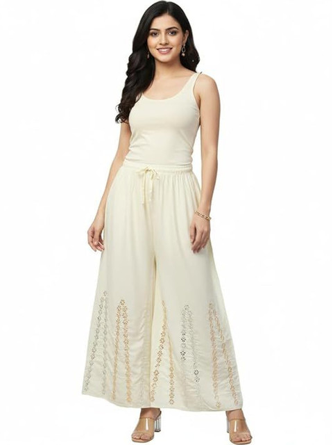 Thrifty Thread Women Floral Embroidered Flared Knitted Ethnic Palazzos