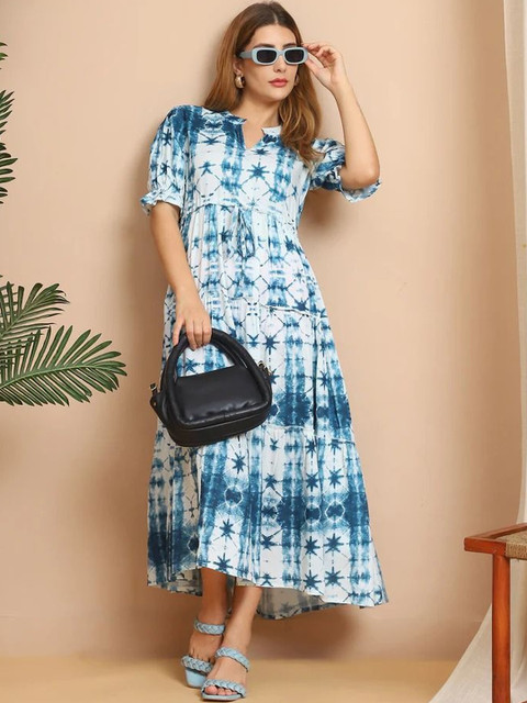 WOCLO ENTERPRISE Tie and Dye Dyed Puff Sleeve Fit & Flare Midi Dress
