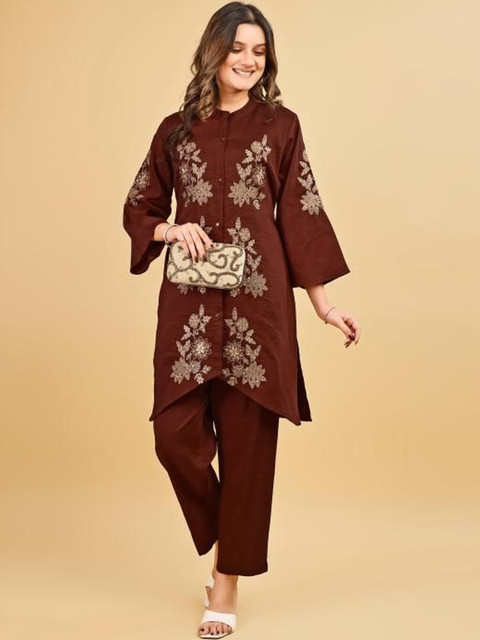 Tikhi Imli Brown Color Silk Blend With Zari Embroidered Tunic And Trouser Co-ord Set