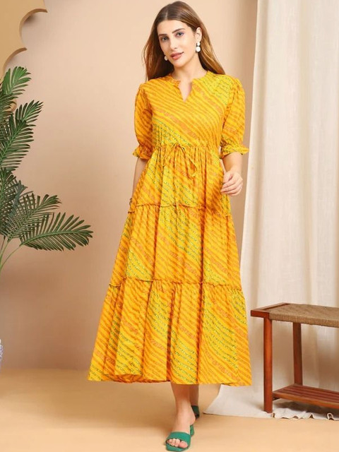 WOCLO ENTERPRISE Striped Puff Sleeve Fit & Flare Midi Dress