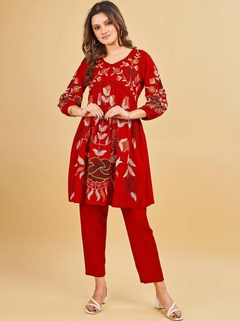 Tikhi Imli Red Color Rayon With Floral Thread Embroidery Tunic & Trouser Co-ord Set