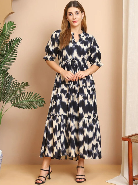 WOCLO ENTERPRISE Print Puff Sleeve A-Line Maxi Dress