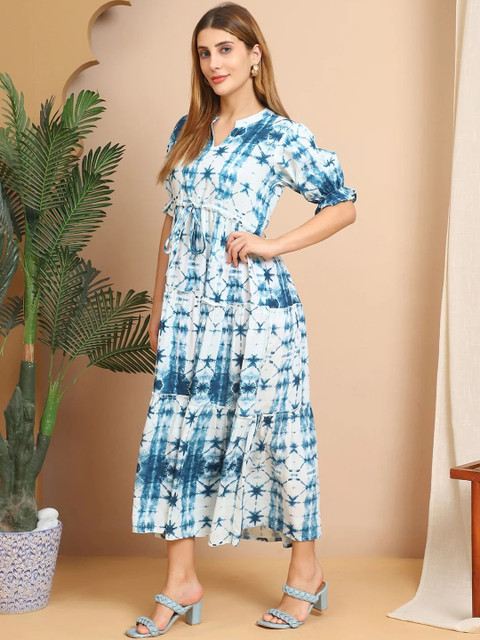 Nayu Enterprise Tie and Dye Dyed Puff Sleeve A-Line Midi Dress - Image 4