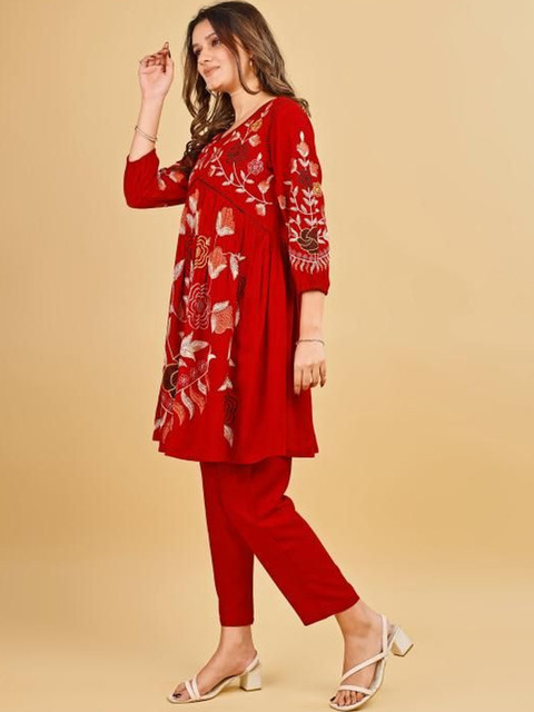 Tikhi Imli Red Color Rayon With Floral Thread Embroidery Tunic & Trouser Co-ord Set - Image 2