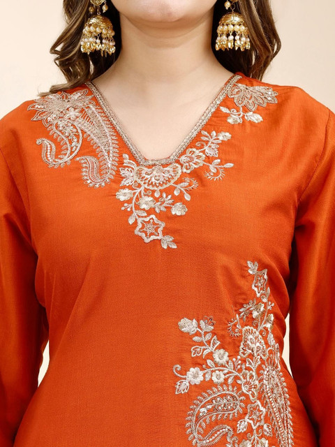 Tikhi Imli Rust Color Silk Blend With Zari Work Embroidered A Line Tunic And Trouser Co-ord Set - Image 6