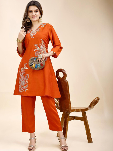 Tikhi Imli Rust Color Silk Blend With Zari Work Embroidered A Line Tunic And Trouser Co-ord Set - Image 5