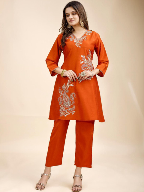 Tikhi Imli Rust Color Silk Blend With Zari Work Embroidered A Line Tunic And Trouser Co-ord Set