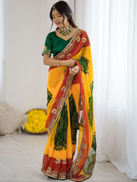 SANISA Bandhani Embroidered Heavy Work Saree