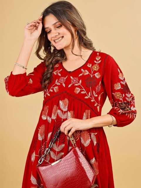 Tikhi Imli Red Color Rayon With Floral Thread Embroidery Tunic & Trouser Co-ord Set - Image 7