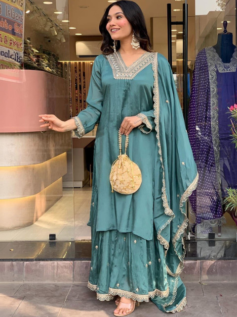 BlueRang Women Ethnic Motifs Embroidered Regular Kurta with Sharara & With Dupatta