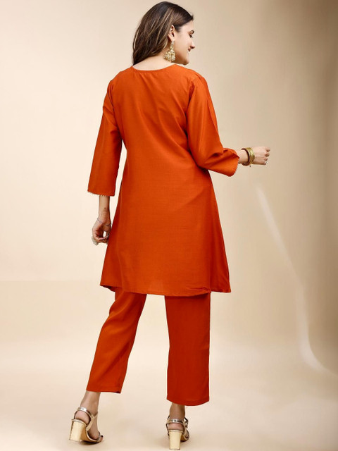 Tikhi Imli Rust Color Silk Blend With Zari Work Embroidered A Line Tunic And Trouser Co-ord Set - Image 3