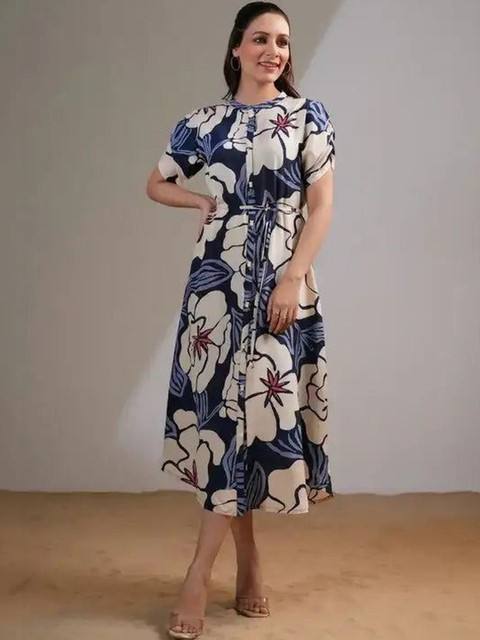 WOCLO ENTERPRISE Floral Print Puff Sleeve Fit & Flare Midi Dress