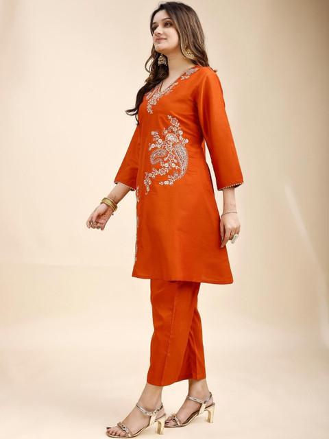 Tikhi Imli Rust Color Silk Blend With Zari Work Embroidered A Line Tunic And Trouser Co-ord Set - Image 2