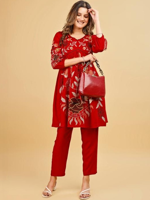 Tikhi Imli Red Color Rayon With Floral Thread Embroidery Tunic & Trouser Co-ord Set - Image 4