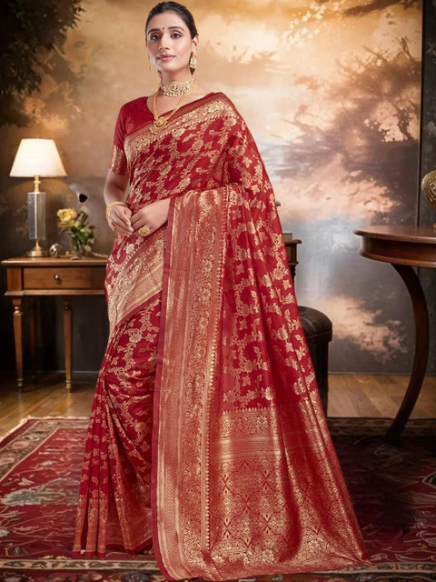 SANISA Woven Design Zari Silk Blend Heavy Work Saree