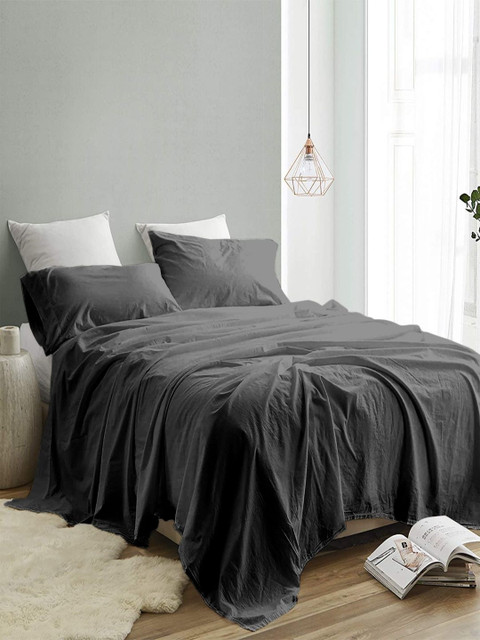 Sangria Black 300 TC King Double Bedsheet With 2 Pillow Covers-2.74 m x 2.74 m