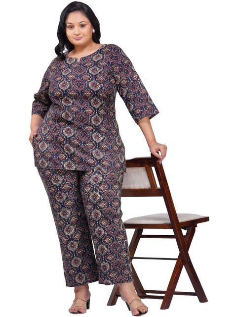 30 Looks Indigo Plus Size Cotton Printed Pyjama Set