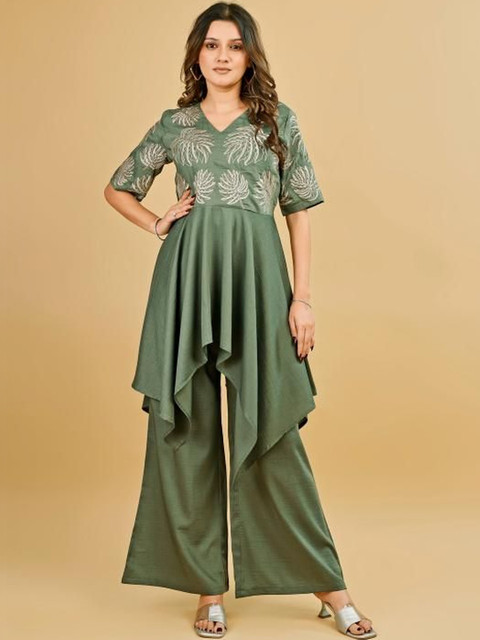 Tikhi Imli Sage Green Silk Blend With Thread Work Embroidered Top And Plazzo Co-ord Set