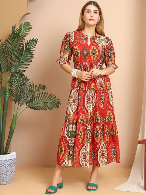 WOCLO ENTERPRISE Bohemian Print Puff Sleeve A-Line Midi Dress