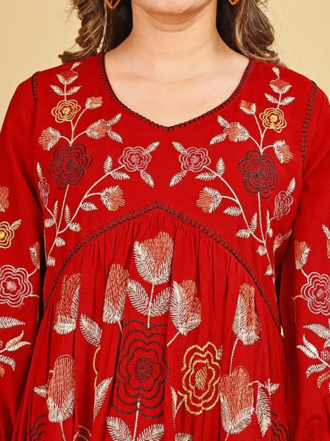 Tikhi Imli Red Color Rayon With Floral Thread Embroidery Tunic & Trouser Co-ord Set - Image 6