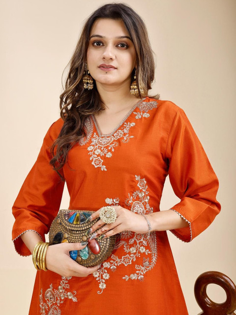Tikhi Imli Rust Color Silk Blend With Zari Work Embroidered A Line Tunic And Trouser Co-ord Set - Image 7
