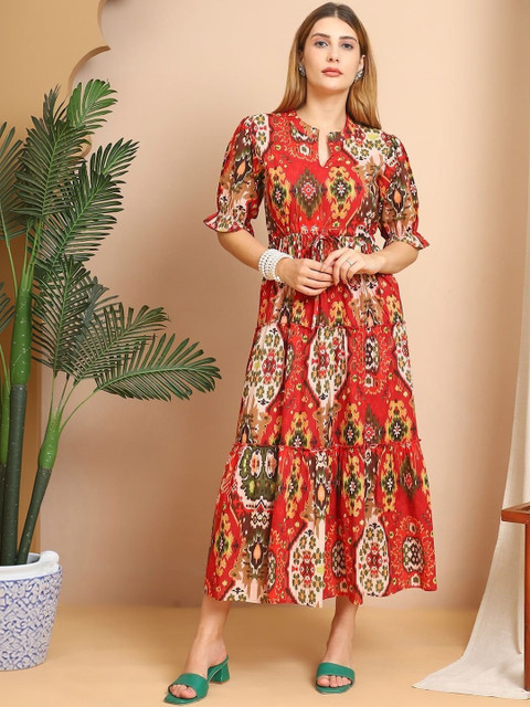 Nayu Enterprise Bohemian Print Puff Sleeve Fit & Flare Midi Dress