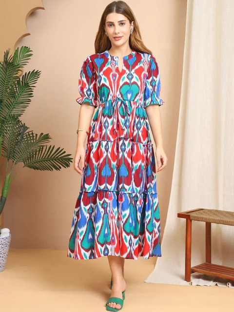 Nayu Enterprise Print Puff Sleeve Fit & Flare Midi Dress